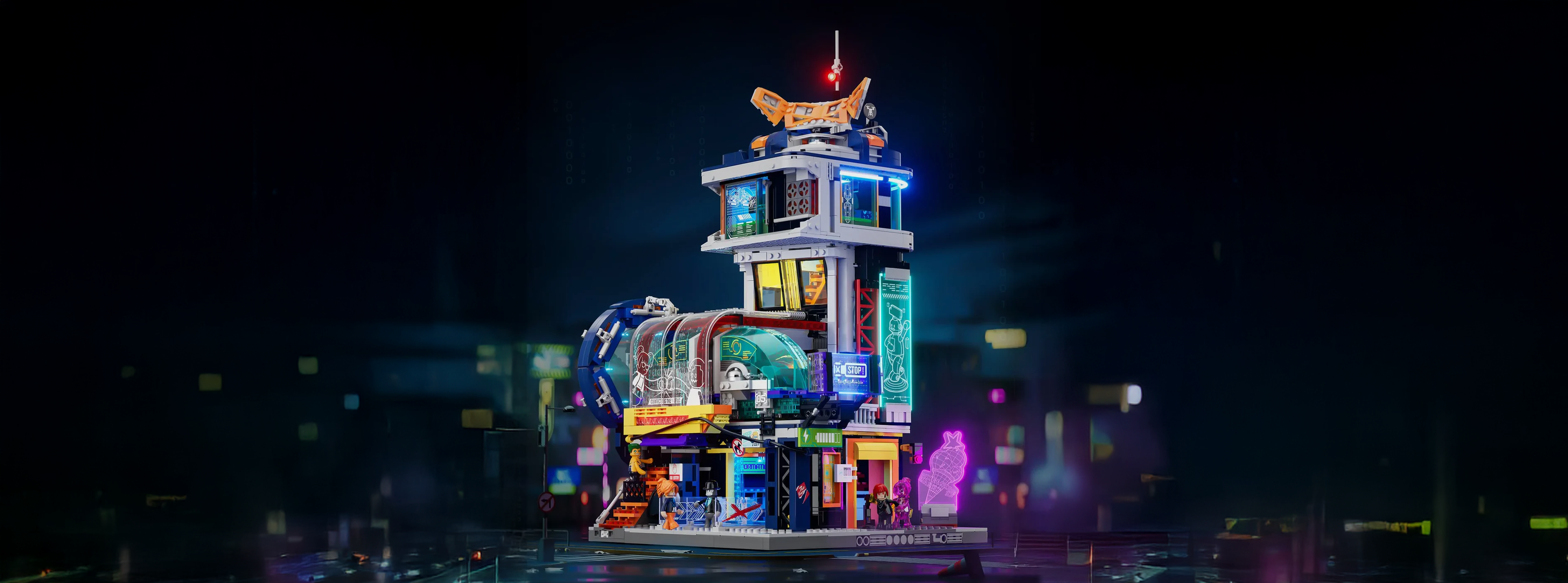 Colorful illuminated model of a futuristic building at night. Lumibrick-L9098-floating-train-station. Lego-alternatives. Lighting-brick-set