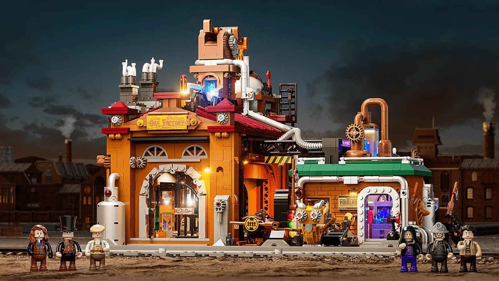 Toy town scene with a central building and characters on a dark sky background